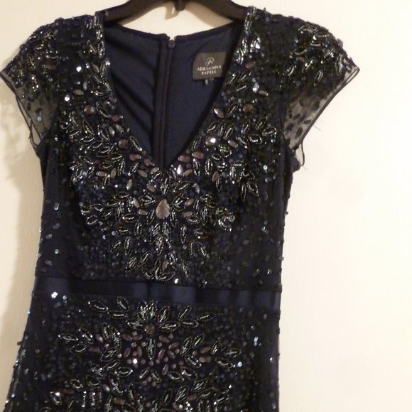 Adrianna Papell  Hand Beaded Short Sleeve V-neck  Beaded Gown In Black - Picture 1 of 9